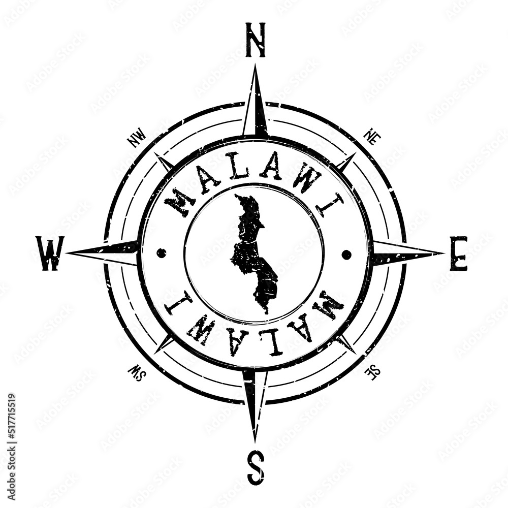 Malawi Stamp Map Compass Adventure. Illustration Travel Country Symbol. Seal Expedition Wind Rose Icon.