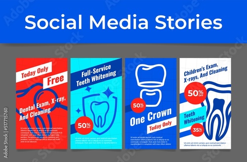 Dental exam and cleaning sale discount promo advertising social media stories set vector