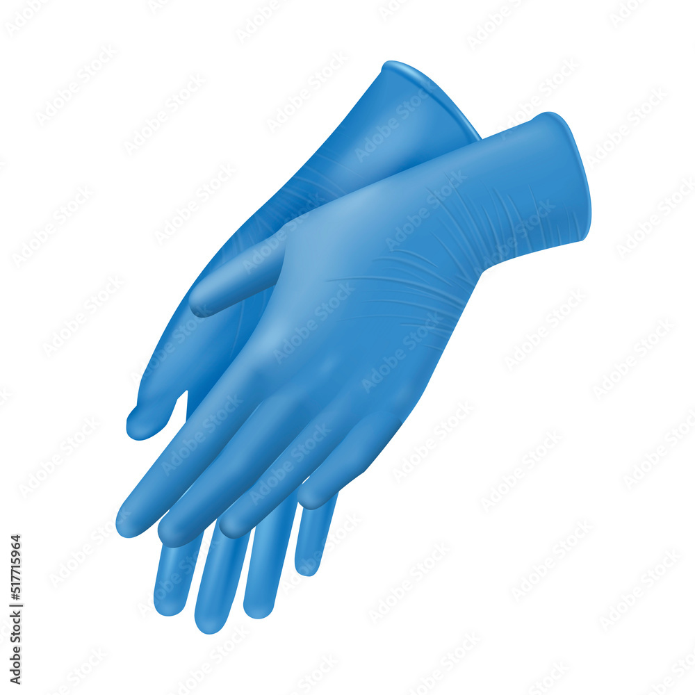 Obraz premium Blue rubber medical gloves doctor hands realistic vector illustration. Medicine protective uniform