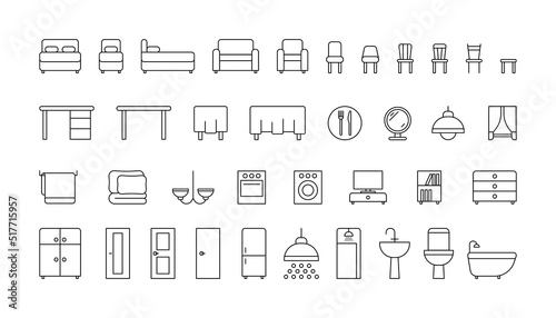 Bedroom and bathroom furniture line icon set. Single and double bed, sofa, shower, bath, accessories. Linear furniture for interior house, plumbing, home appliances. Vector outline sign