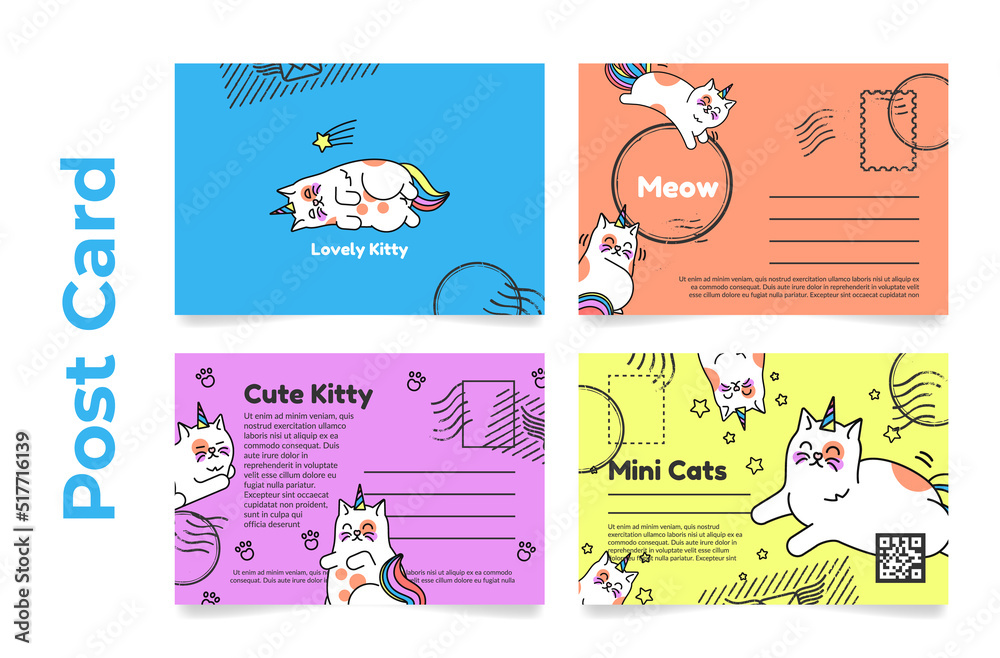 Cute meow postcard template funny childish unicorn cat character with rainbow set vector