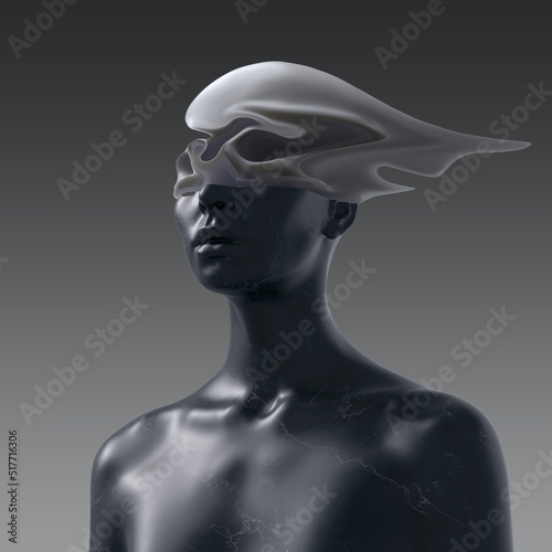 Abstract concept sculpture illustration from 3D rendering of black marble female figure sliced cut head with liquify deformed skull upper part and isolated on background.