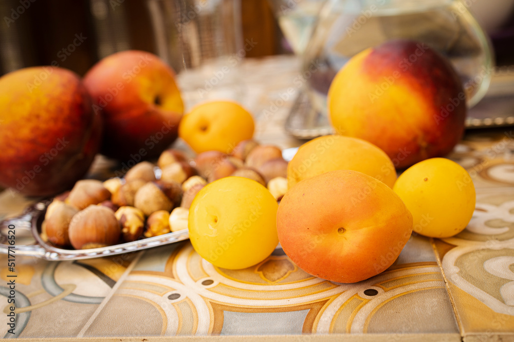 Fruit and nuts, the healthy snack. summer fruits. Diet rich in fiber and vitamins. Fruit and nuts, the healthy snack. summer fruits. Diet rich in fiber and vitamins.