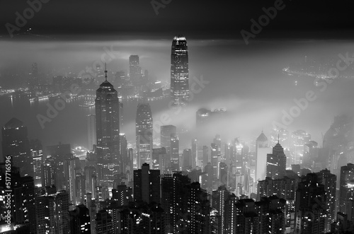 Fog over Hong Kong city at night