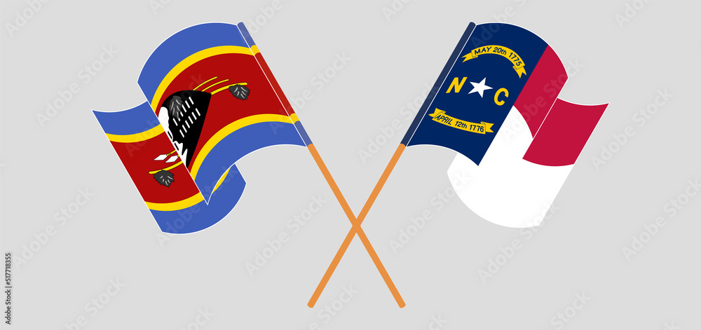 Crossed and waving flags of Eswatini and The State of North Carolina Crossed and waving flags of Eswatini and The State of North Carolina