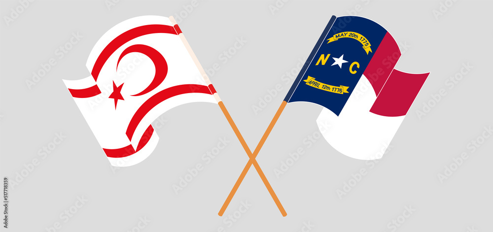 Crossed and waving flags of Northern Cyprus and The State of North Carolina