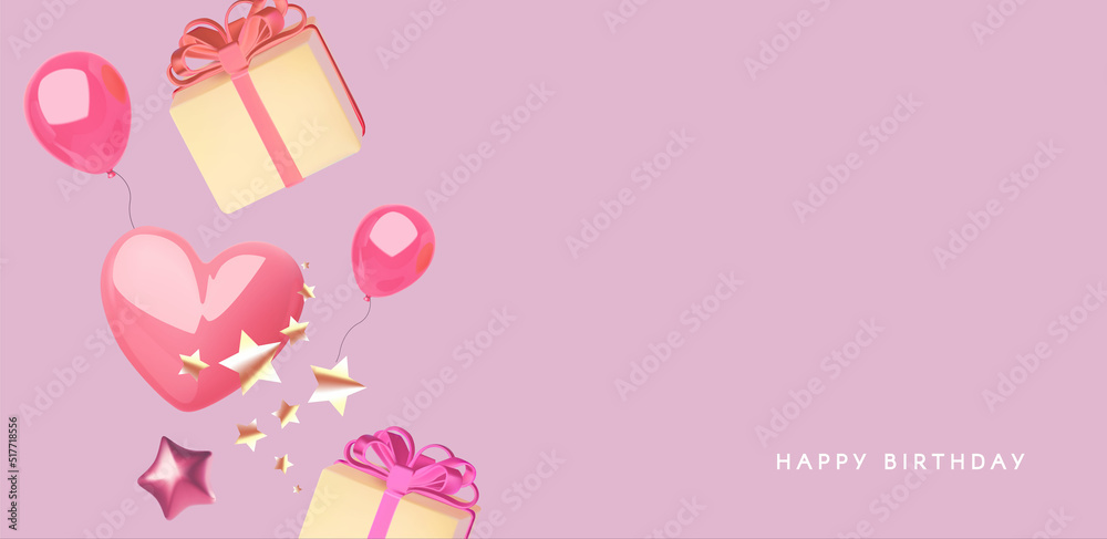 Gift box, stars and hearts. Birthday, wedding, party and Valentine's day design. Cute event design template.