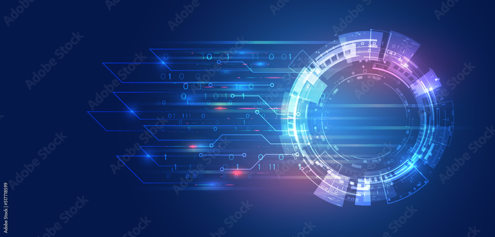 Hi-tech computer digital technology concept. Wide Blue background with various technological elements. Abstract circle technology communication, vector illustration. - obrazy, fototapety, plakaty 