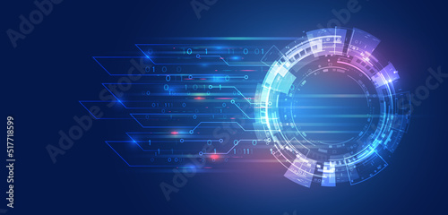 Hi-tech computer digital technology concept. Wide Blue background with various technological elements. Abstract circle technology communication, vector illustration.
