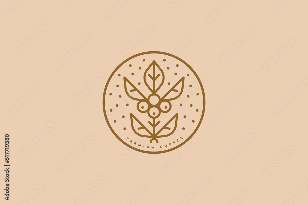 Logo template for a coffee shop or coffee house. Emblem with a coffee tree sprout in an elegant round frame. The concept of organic drinks. Vector illustration in a linear style. Logo template for a coffee shop or coffee house. Emblem with a coffee tree sprout in an elegant round frame. The concept of organic drinks. Vector illustration in a linear style.