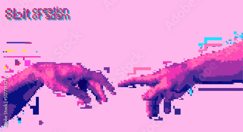 Reaching hands 8 bit color style design concept vector illustration isolated on background in vaporwave color palette.