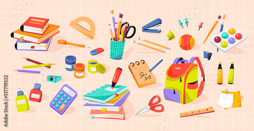 School supplies. Stacks of books, notebooks, writing supplies for the office and school. Back to school. Flat vector illustration