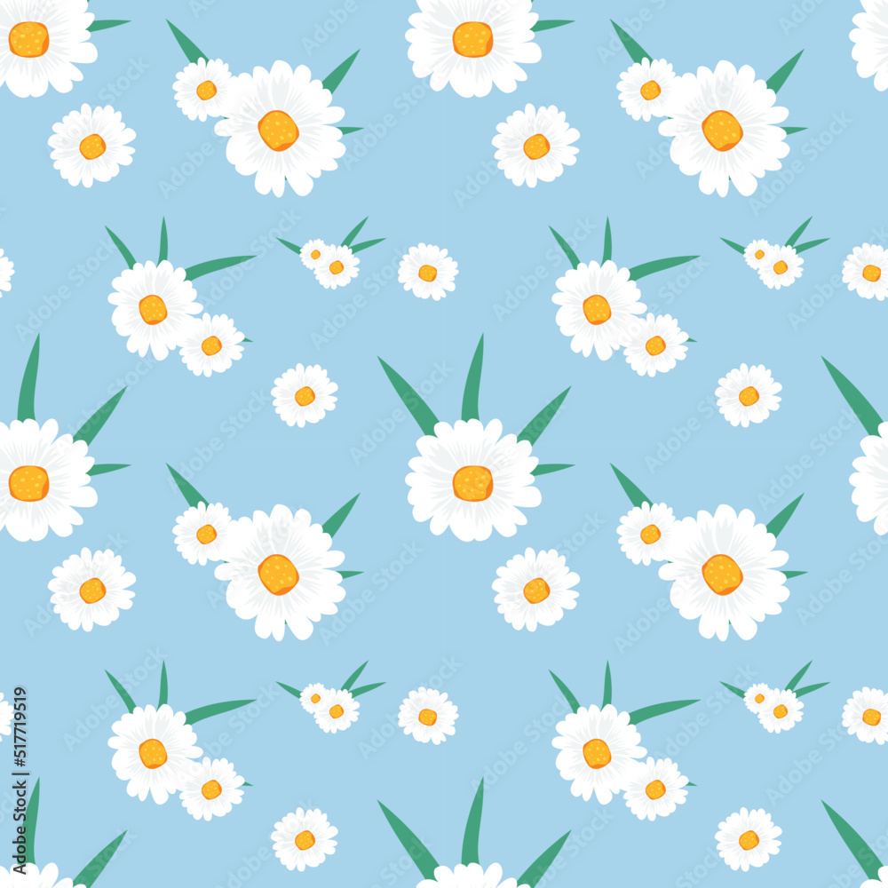 White Floral pattern, Tropical botanical Motifs scattered random. Seamless vector texture. Printing with in hand drawn style on blue background.