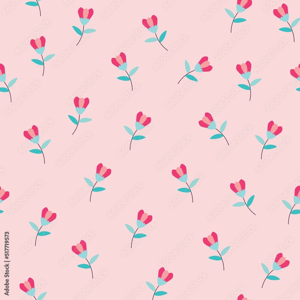 Trendy Floral pattern in the many kind of flowers. Tropical botanical Motifs scattered random. Seamless vector texture. Printing with in hand drawn style on pink background.