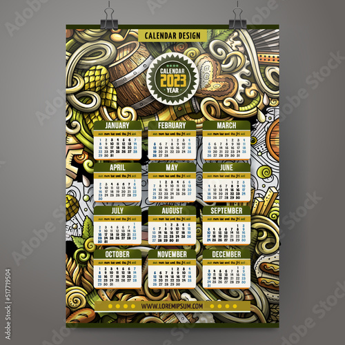 Cartoon doodles Beer fest 2023 year calendar template. English, Sunday start