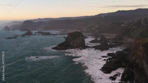 Dramatic Oregon Coast coastline. Harris Beach in Brookings, Oregon. Drone view. photo