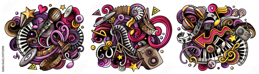 Music cartoon vector doodle designs set