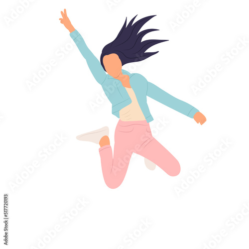woman jumping on white background in flat style, isolated, vector
