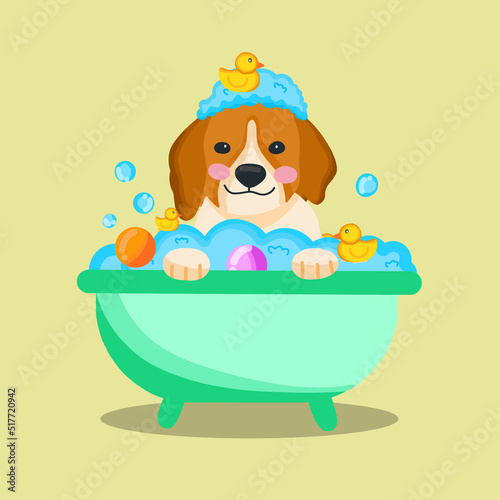 cheerful cute dog take a bath in bathtub