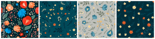 Set of vector seamless floral patterns. Beautiful backgrounds for fabric, wallpaper, wrapping paper.
