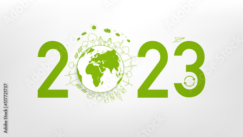 New year 2023 Eco friendly, Sustainability planning concept and World environmental with doodle icons, Vector illustration