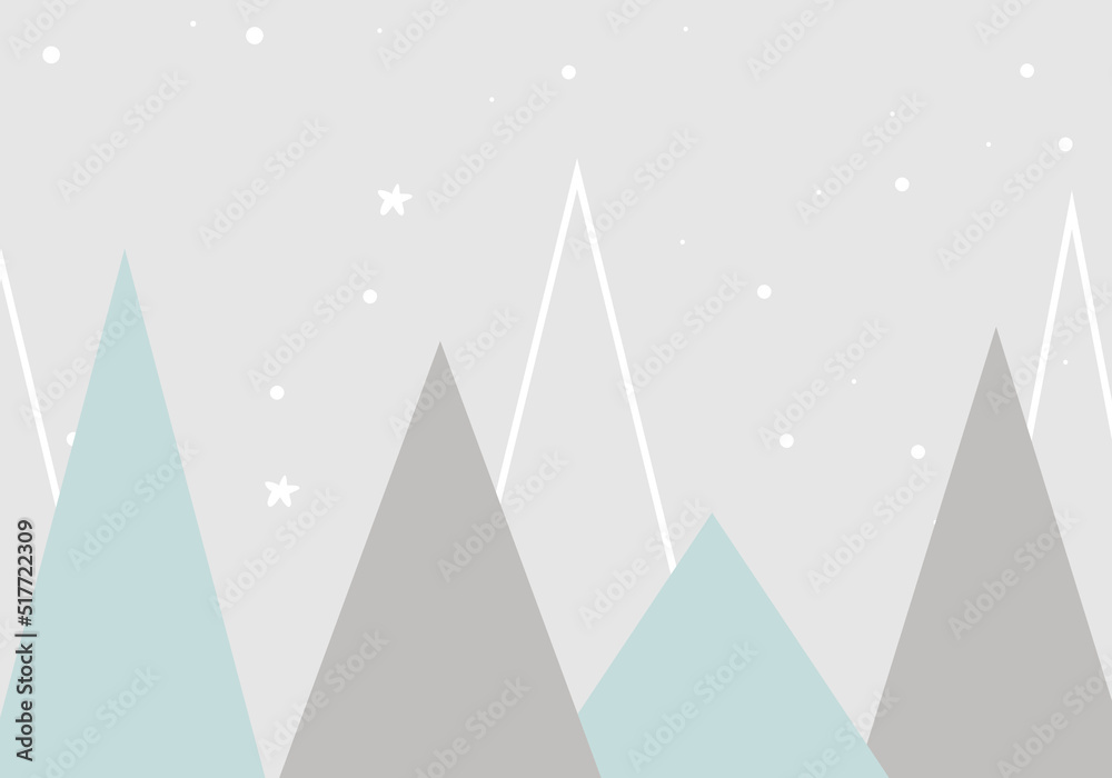 Mountains and stars in dusty pastel colors. For baby wallpapers, decor, web banners, posters. Vector illustration. Children's wallpaper. Hand drawn in scandinavian style. Mountain landscape. - obrazy, fototapety, plakaty 