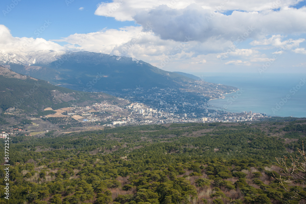 Picturesque view of the city of Yalta and Black Sea from Ai Petri mountain in Crimea