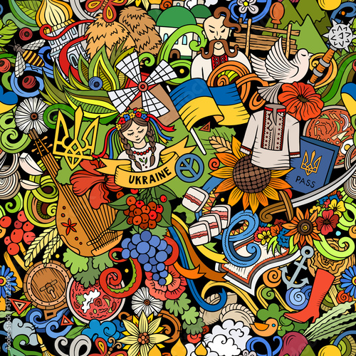 Cartoon doodles Ukraine seamless pattern