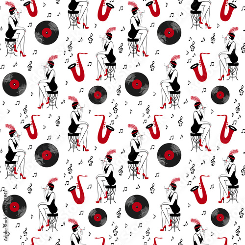 Seamless vector pattern of hand drawn black and red retro roaring 1920s objects and a smoking flapper
