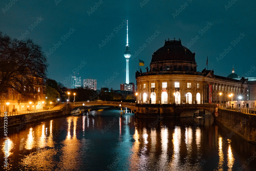 Berliner Fernsehturm at Alexanderplatz in Berlin from Weidendammer Brücke looking past Bode Museum
