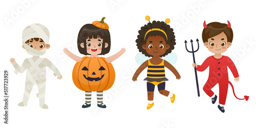 Set of cute kids in halloween traditional costume. Collection of cartoon adorable dressed up children.