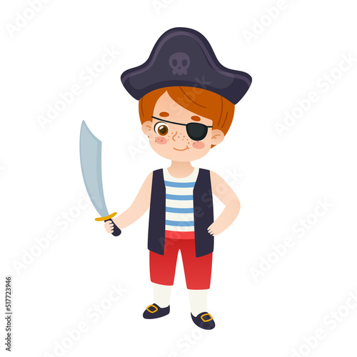 Cute baby boy dressed up like pirate. Cartoon kid in halloween costume.