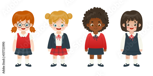 Set of cute little school girls in uniform. Cartoon students collection. Adorable diverse pupils.