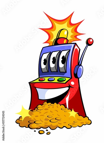 Cartoon style smiling, funny slot machine character. One armed bandit cartoon logo design concept. Isolated on white background.