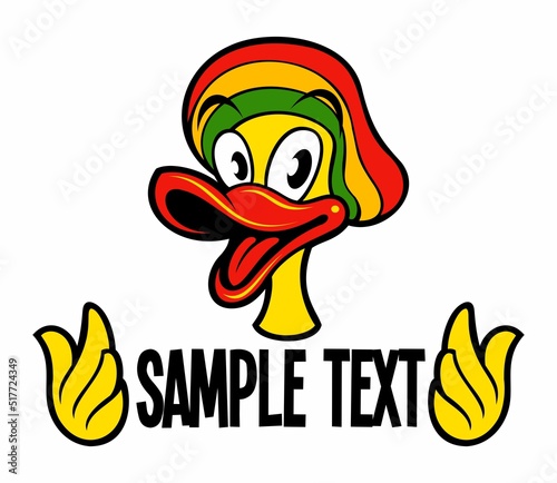 Cartoon style duck in the jamaican rasta hat, isolated on white background. Reggae style cartoon duck character