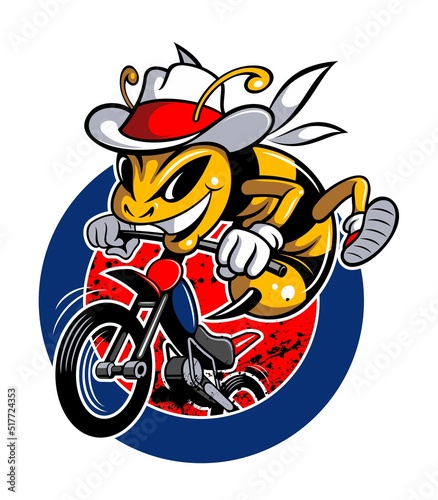 Cartoon style bee character, riding the motorcycle, biker cartoon character. Isolated on white background.