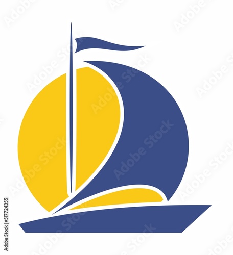 Sailing boat with the sun on background, vector logo design concept. Isolated on white background.