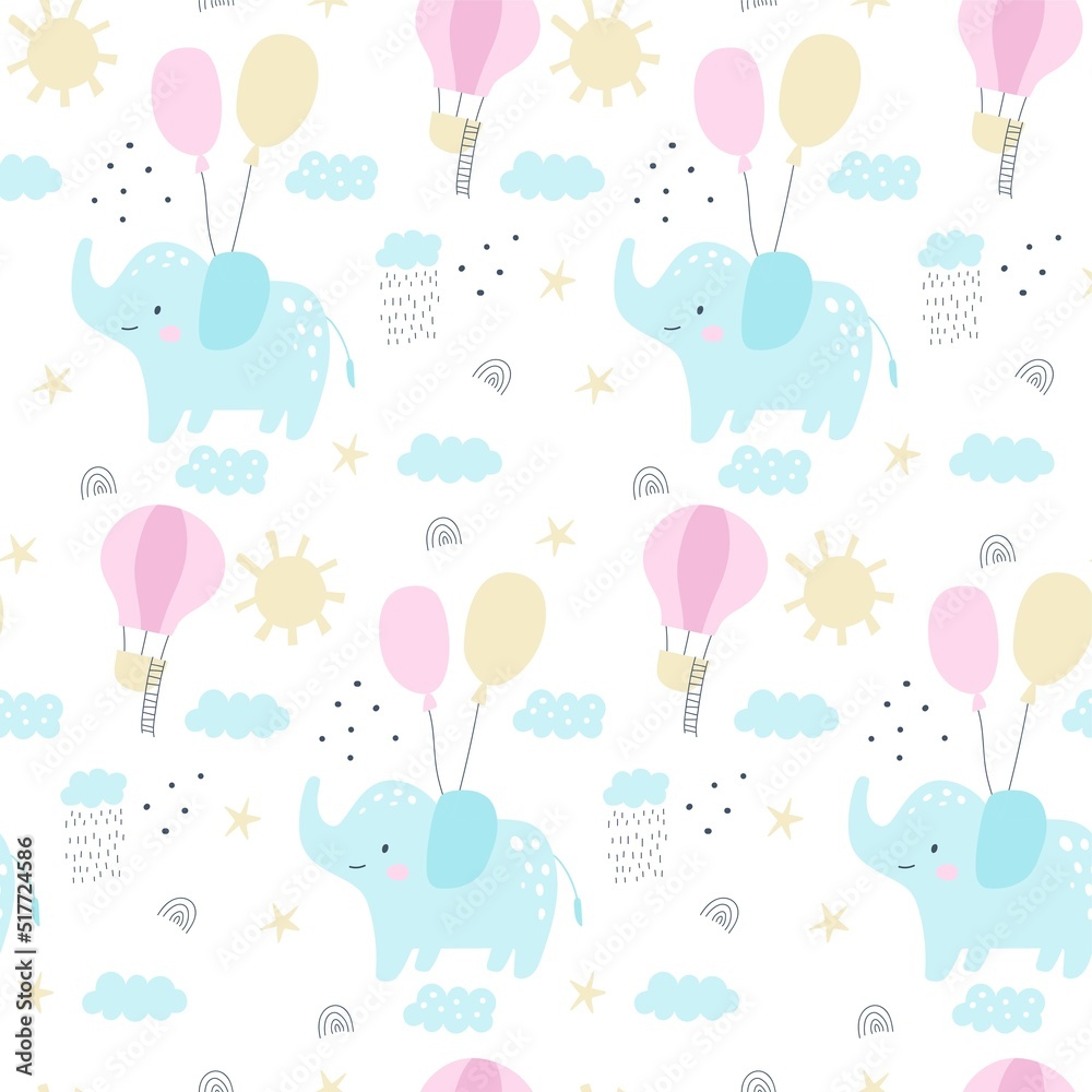 Seamless pattern with cute elephant. Vector illustrations