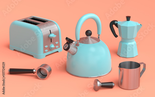 Kettle, toaster, coffee machine horn and geyser coffee maker on coral background