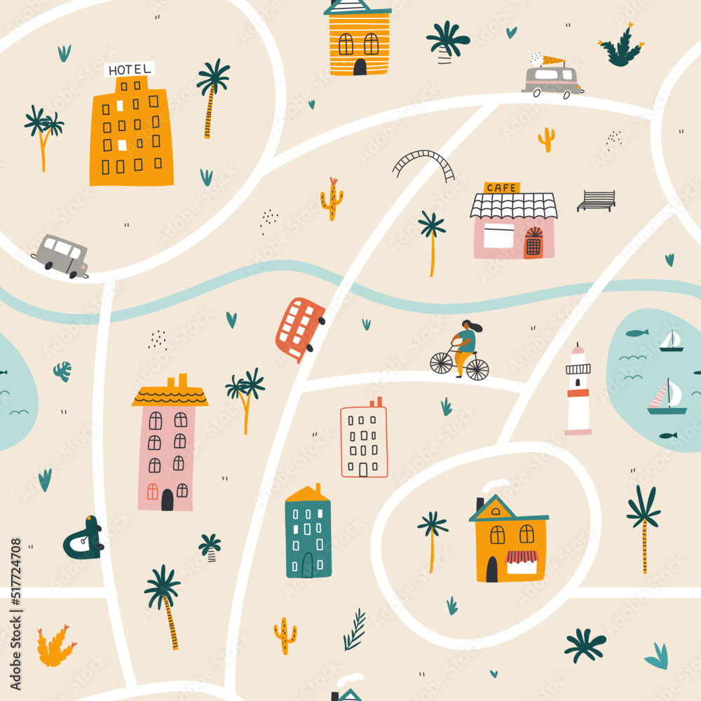 Seamless pattern cute city map with houses and car. City design. Kids ...