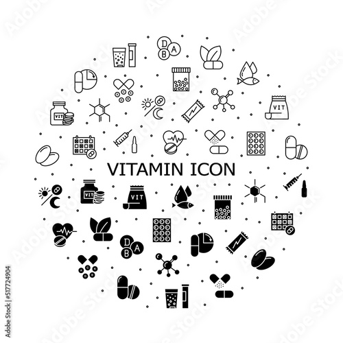 Vitamin nutrition flat line icons set. Healthy food supplement - Vitamin, Mineral supplement, Pill, Bottle, health food. Simple flat vector illustration for web site or mobile app
