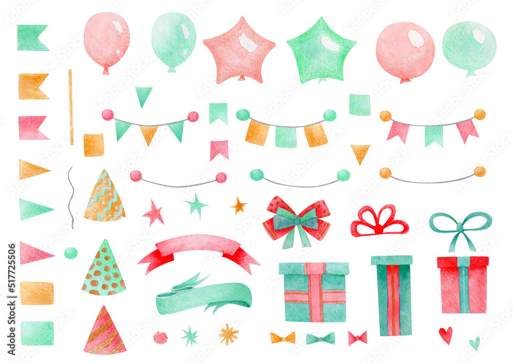 Birthday party elements watercolor set on isolated white background ...