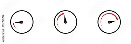 Speed level indicator. Circle with arrow and scale. Barometer level in black and red. Minimum, average and maximum speed. Download and upload speed. Vector illustration.