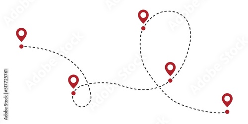 Dotted path line with red points. Travel concept with path way. Vector flat map way isolated. Vector illustration.