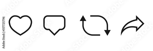 Set of social media icons. Like Comment Repost Share. Silhouette flat line art symbols. Vector illustration.