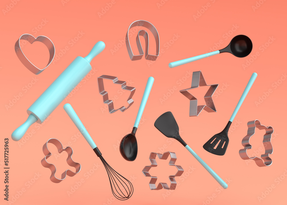 Obraz premium Wooden kitchen utensils and cookie cutters on coral background
