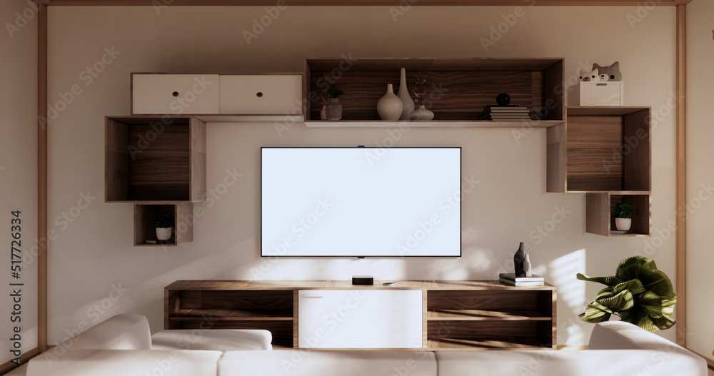 Fototapeta premium Box Wall Cabinet Shelves on living room japanese style, sofa and decoration lamp and plants on white zen room.3D rendering