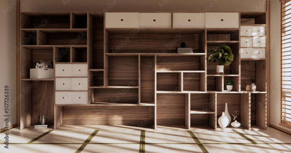 Box Wall Shelves on living room japanese style, tatami mat and decoration lamp and plants on white zen room.3D rendering Box Wall Shelves on living room japanese style, tatami mat and decoration lamp and plants on white zen room.3D rendering
