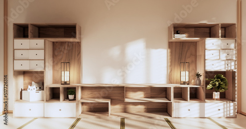 Box Wall Shelves on living room japanese style, tatami mat and decoration lamp and plants on white zen room.3D rendering