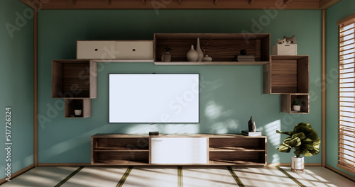 Box Wall Shelves on living room japanese style, tatami mat and decoration lamp and plants on mint zen room.3D rendering